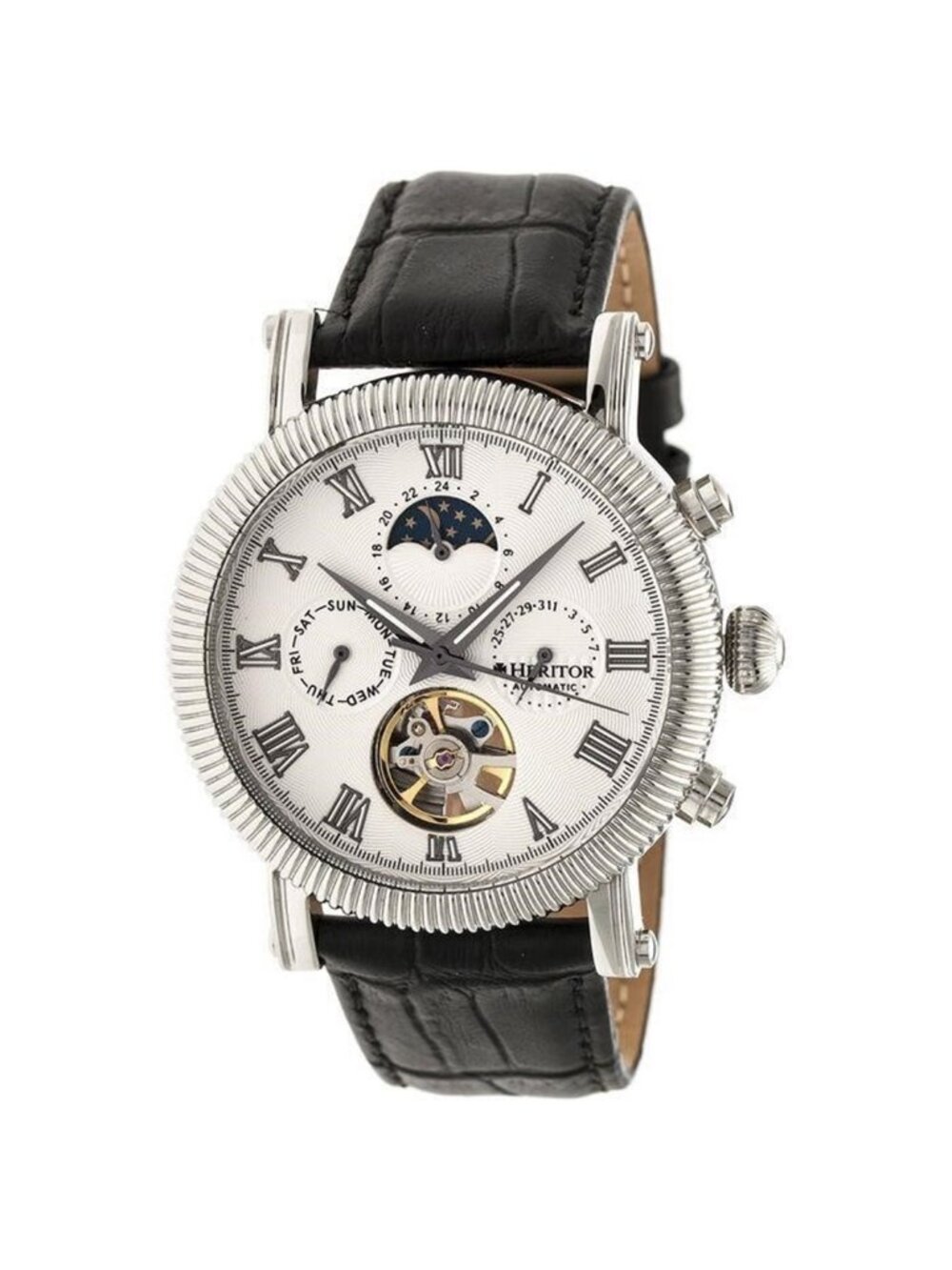 NWT Heritor Winston Automatic White Dial Black Leather Men's Watch